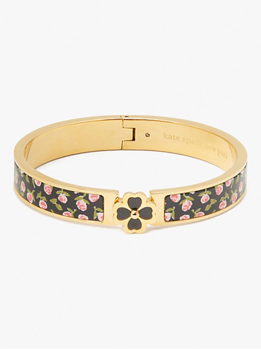 kate spade Gold-Tone Floral Enamel Hinged Bangle with Clover Charm